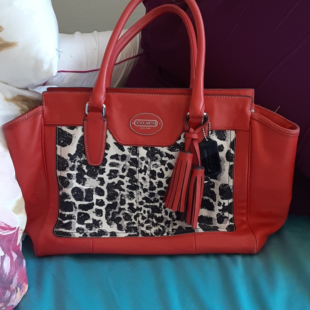 Coach red and leopard purse